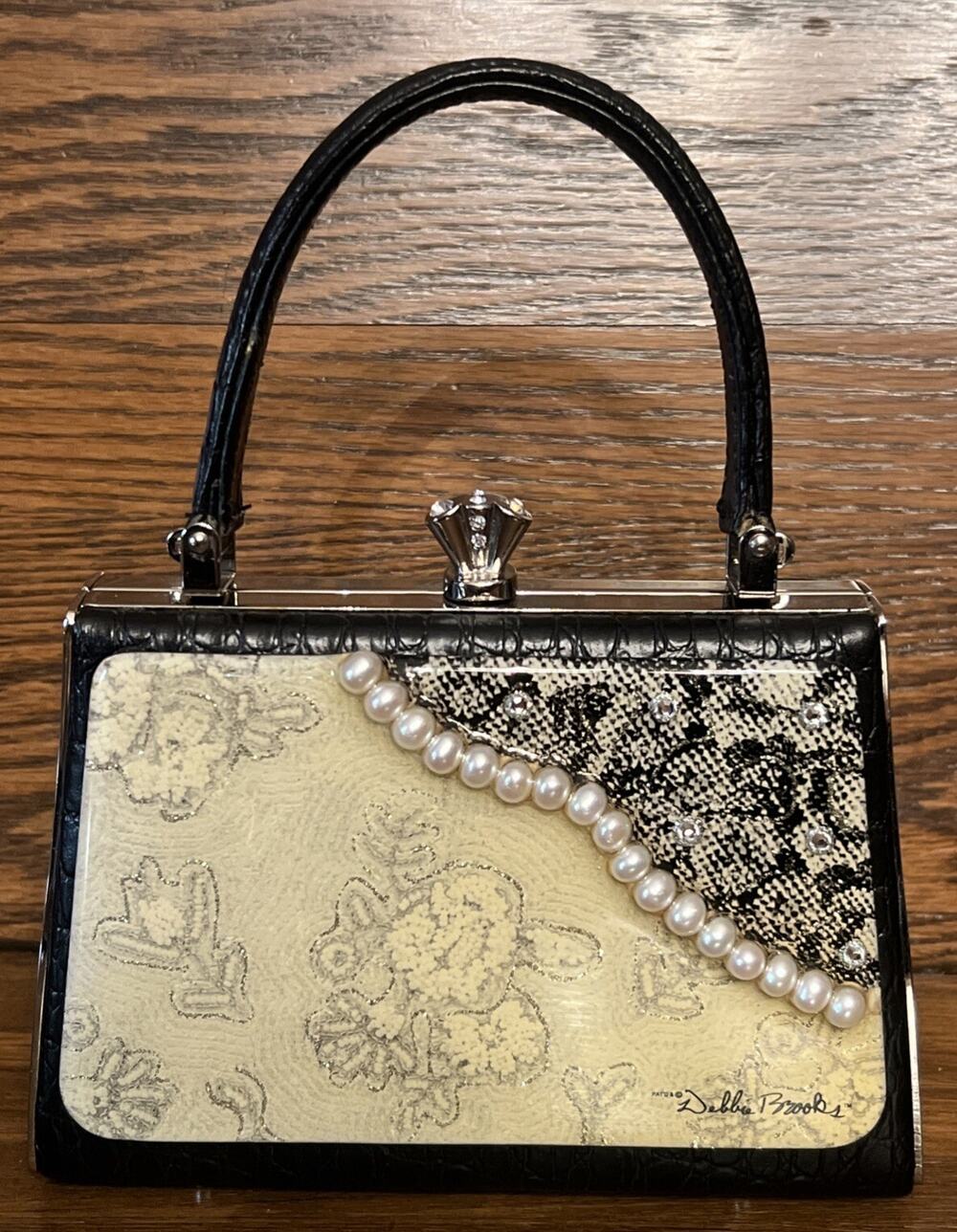 Debbie Brooks Black White Silver Mini Clutch Handbag Evening Bag Pearls